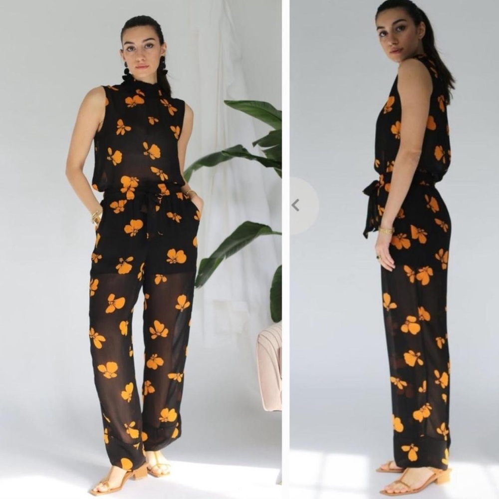 Ganni FAIRFAX FLORAL-PRINT GEORGETTE WIDE-LEG PANTS IN BLACK Orange